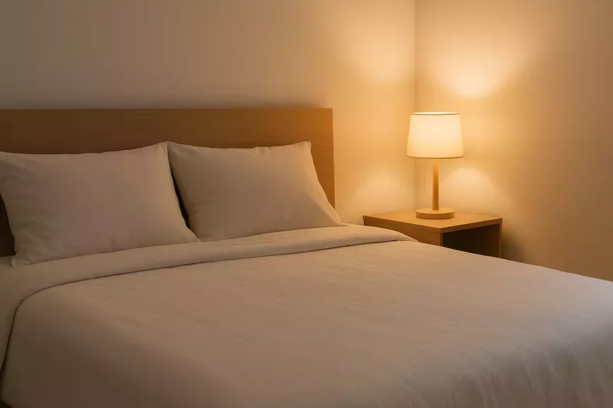 “Säng i rent och harmoniskt sovrum med mjuk belysning – symboliserar sambandet mellan städning, ren miljö och förbättrad sömnkvalitet”